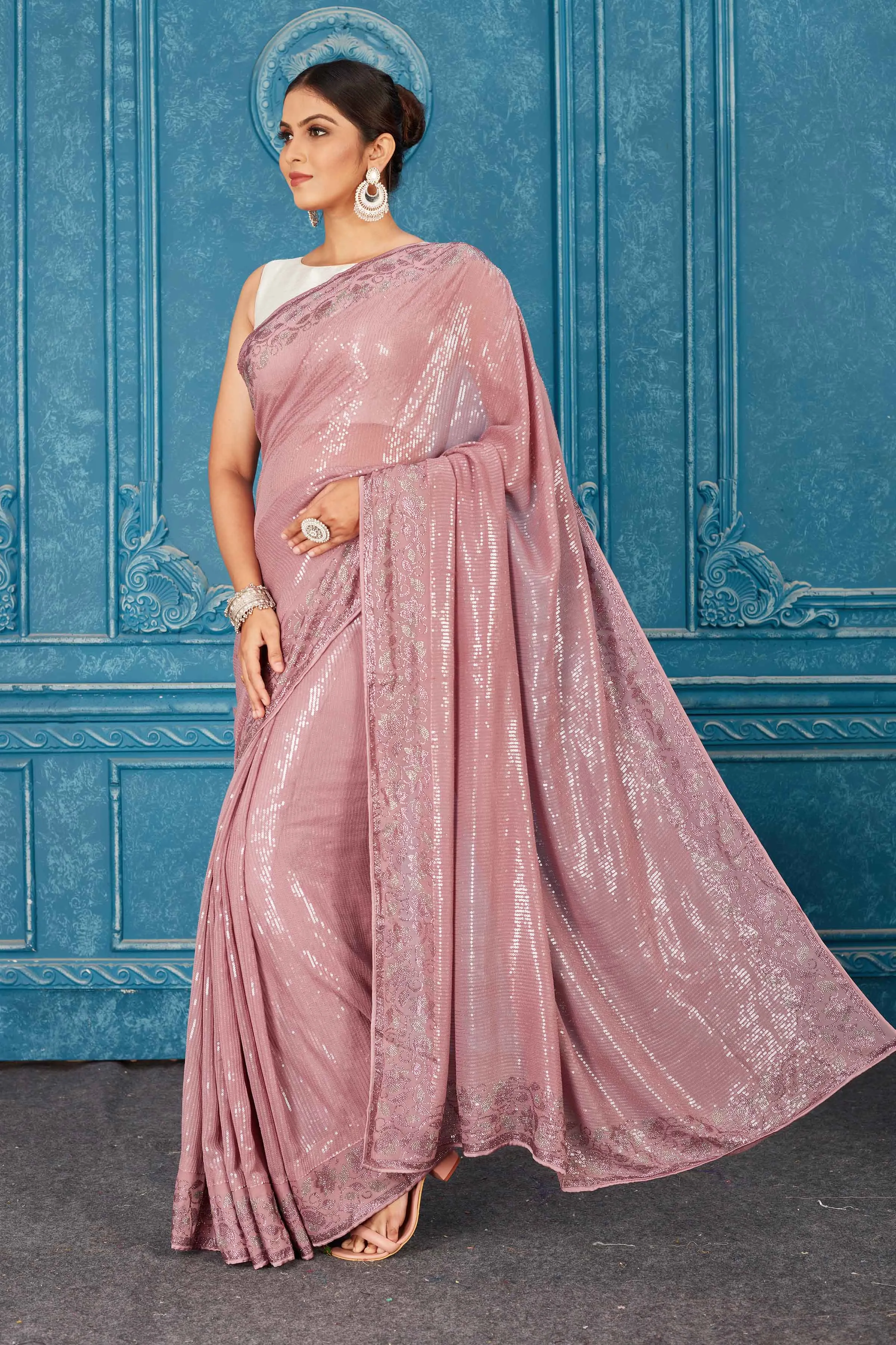 91A483 Dusty Pink Sequin Saree with Stone Work