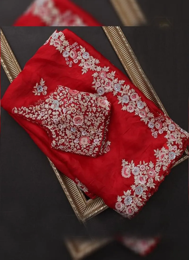 Adorable Red Stone and Reshma Work Saree