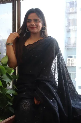 Black Embroidered Chikankari Georgette Sequins Work Saree