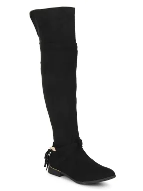 Black Microfibre Bow Flat Long Boots