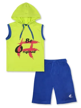 Boys' Printed Hooded Sleeveless Tee & Knee length Basic Short Set