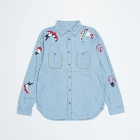 Chambray WORK Shirt (Swallow Embroidery) - Sax