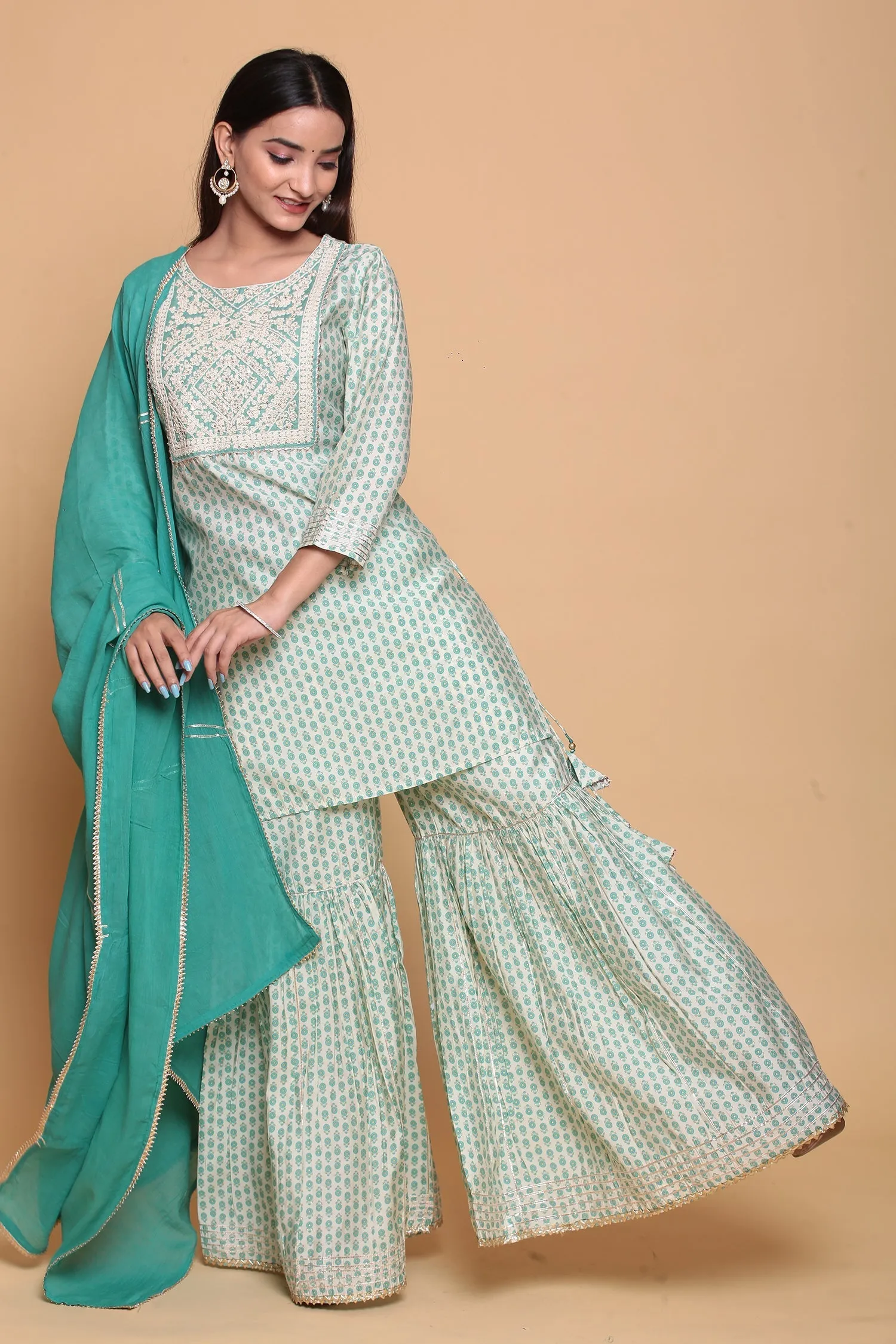 Cotton silk Kurta Stitched with Gota work.