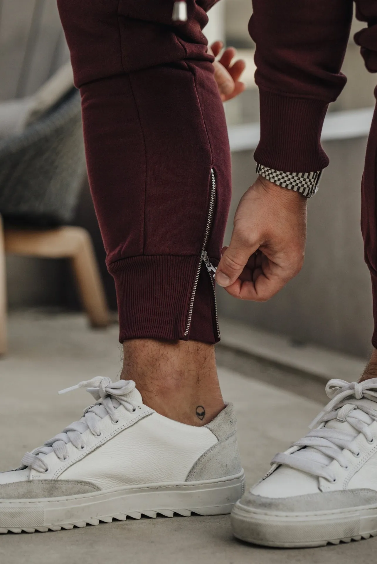 Father Sons Burgundy / Silver Tapered Sweat Pants with Ankle Zip Detail - FSH798