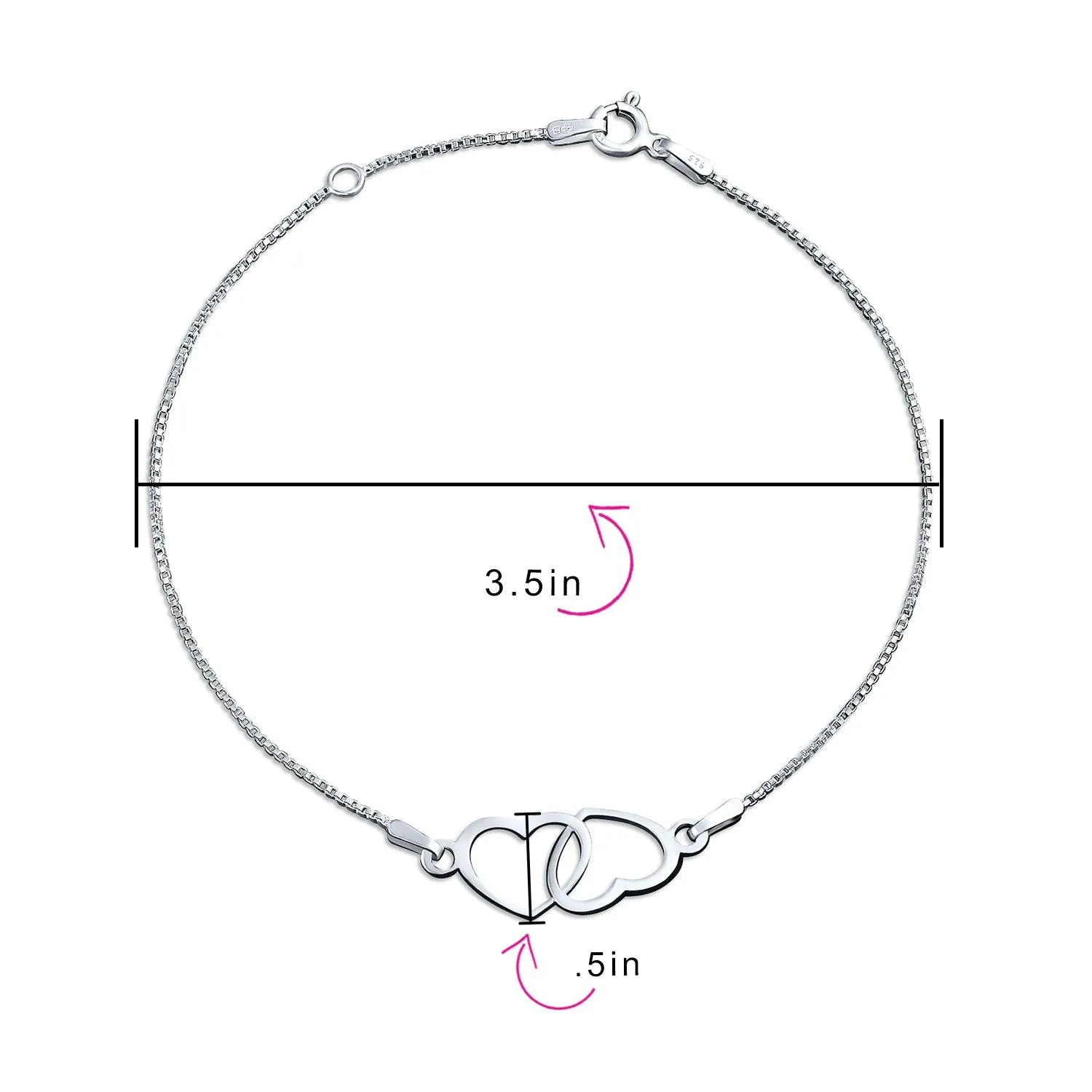 Interlocking Bow Hearts Anklet Ankle Bracelet .925 Sterling Silver