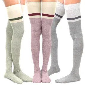 TeeHee Socks Women's Casual Cotton Thigh High Twist Yarn Stripe 3-Pack (11023)