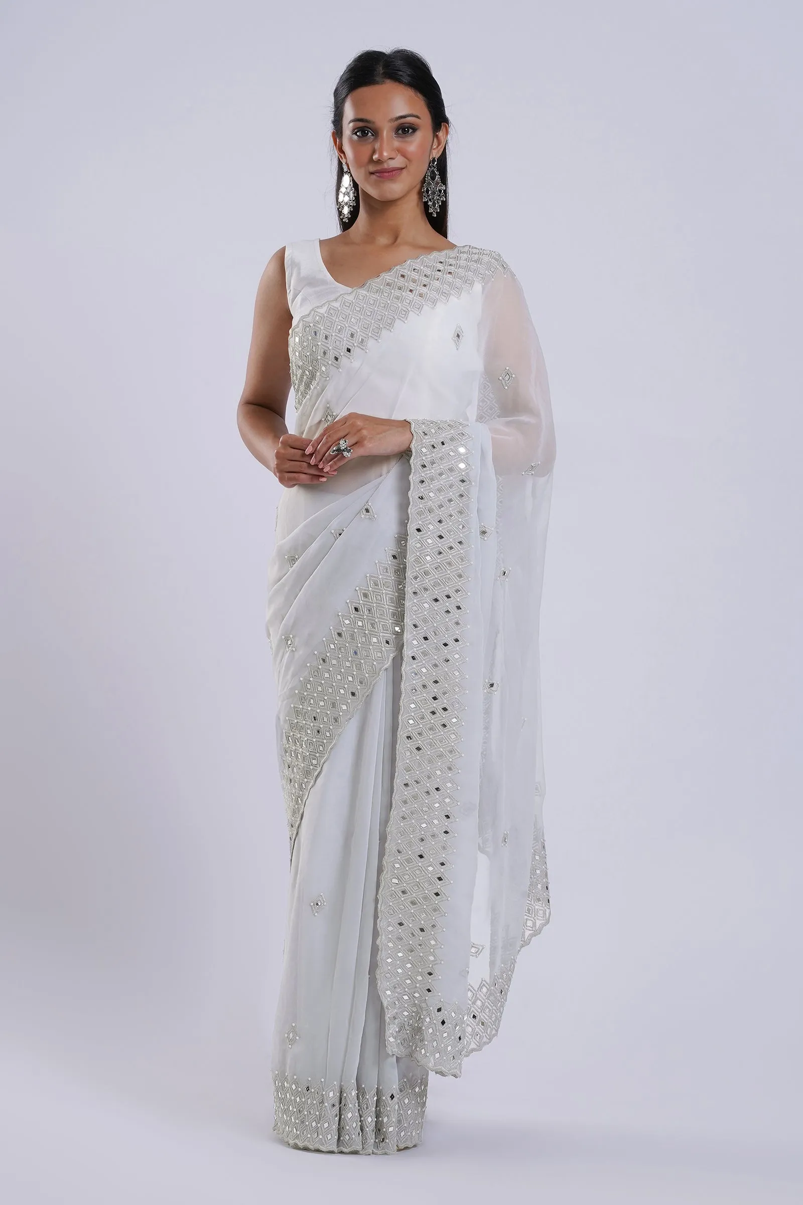 Teejh Daivya Grey Georgette Mirror Work Saree