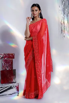 Teejh Daivya Red Georgette Mirror Work Saree