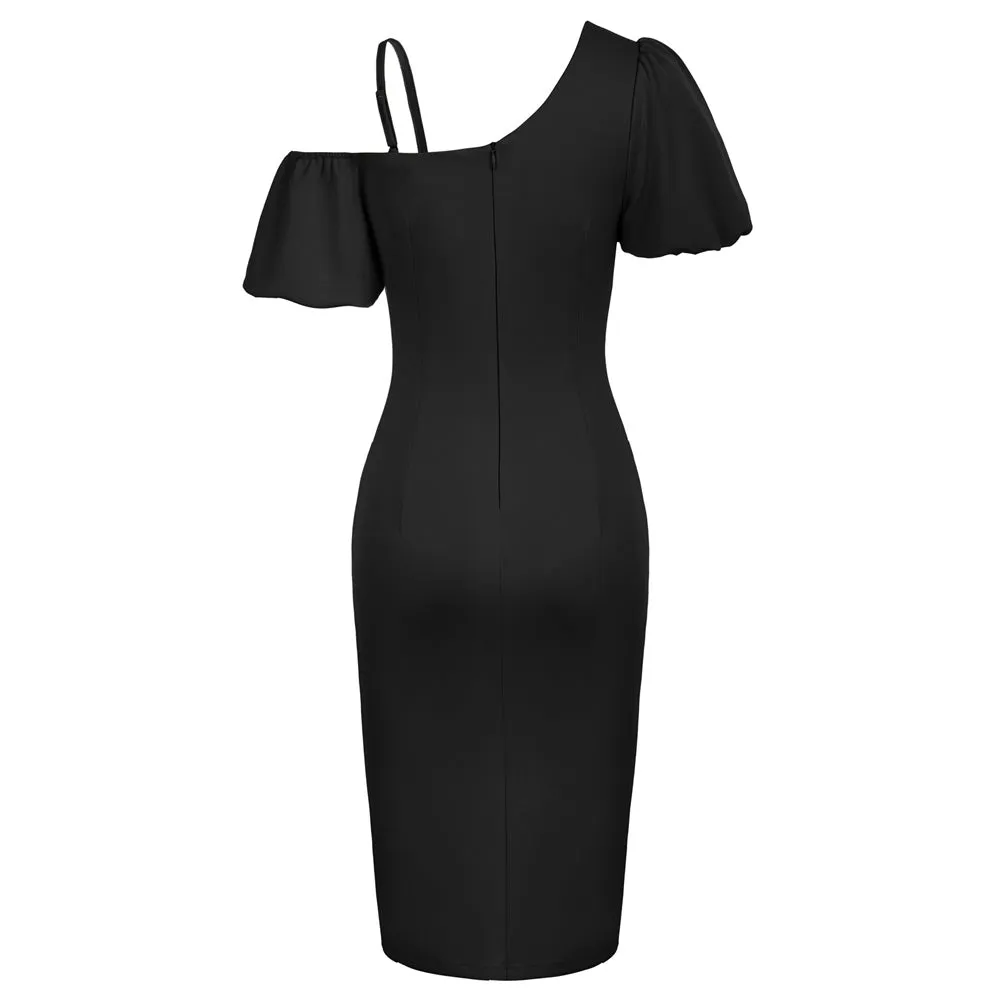 Vintage Fans Look of Front Slit Below-Knee Ruched Bodycon Dress